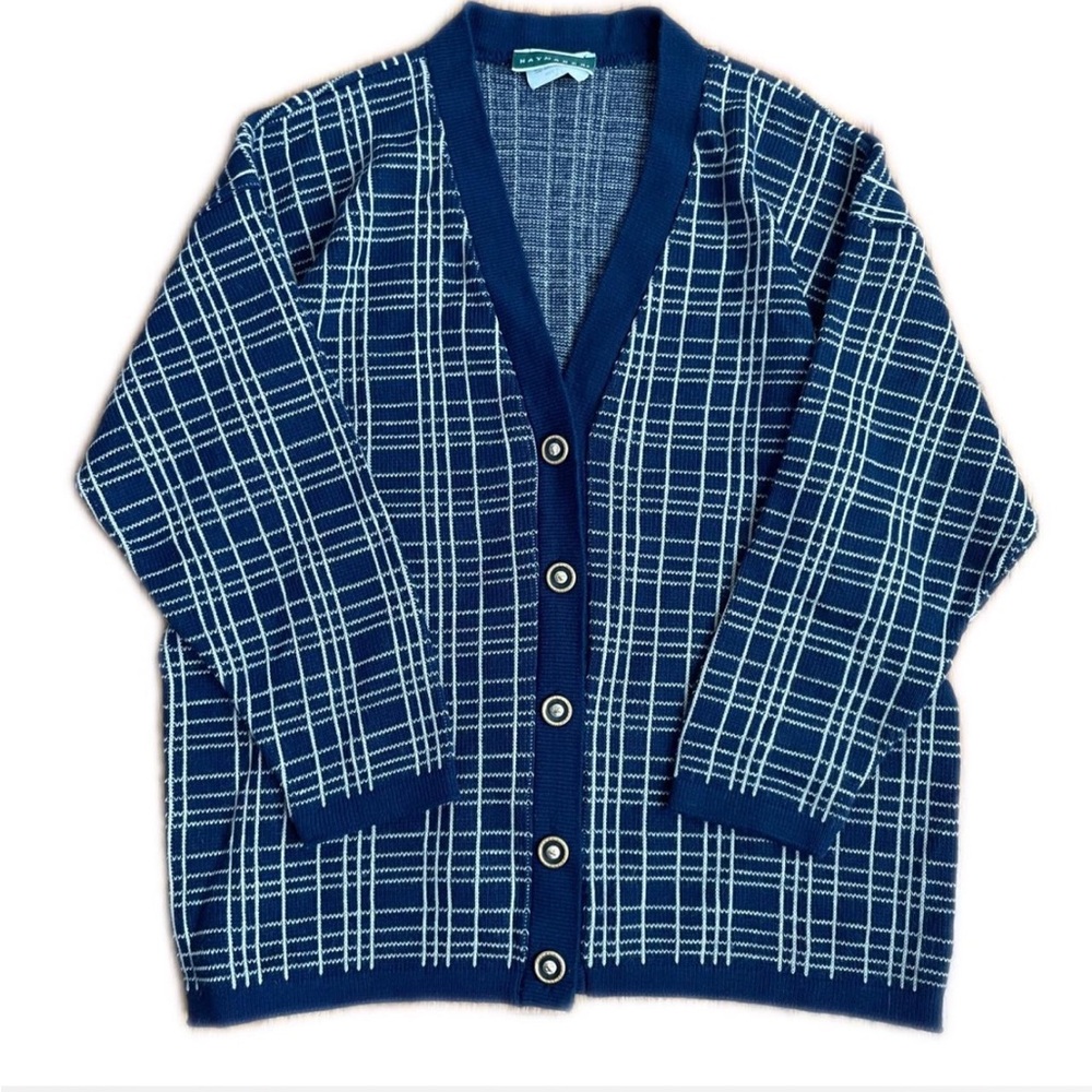 Vintage 70s 80s Haymaker Grid Cardigan Sweater Womens Large Navy Blue Plaid USA